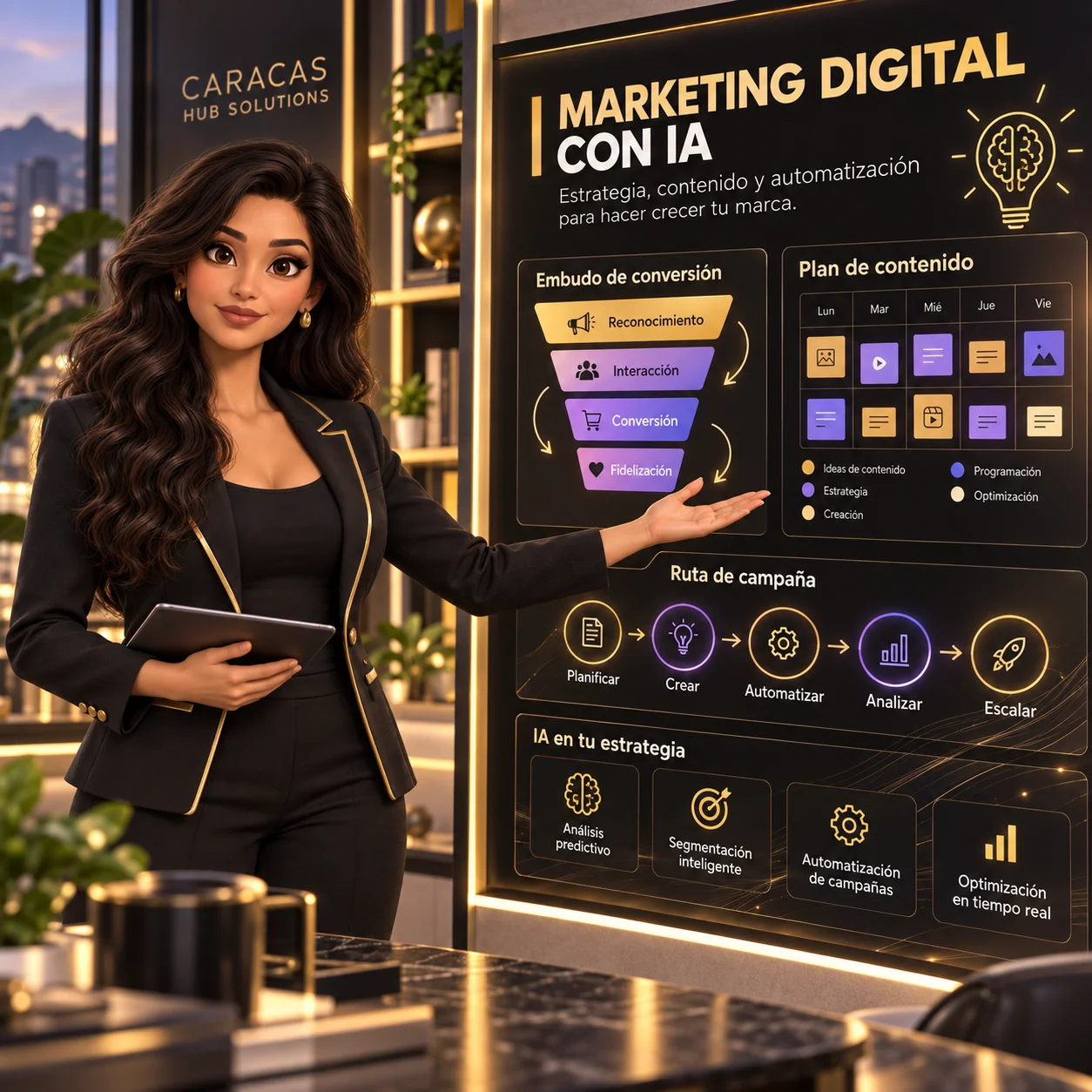 Cara presenta un embudo de conversión y un plan de contenido de marketing digital