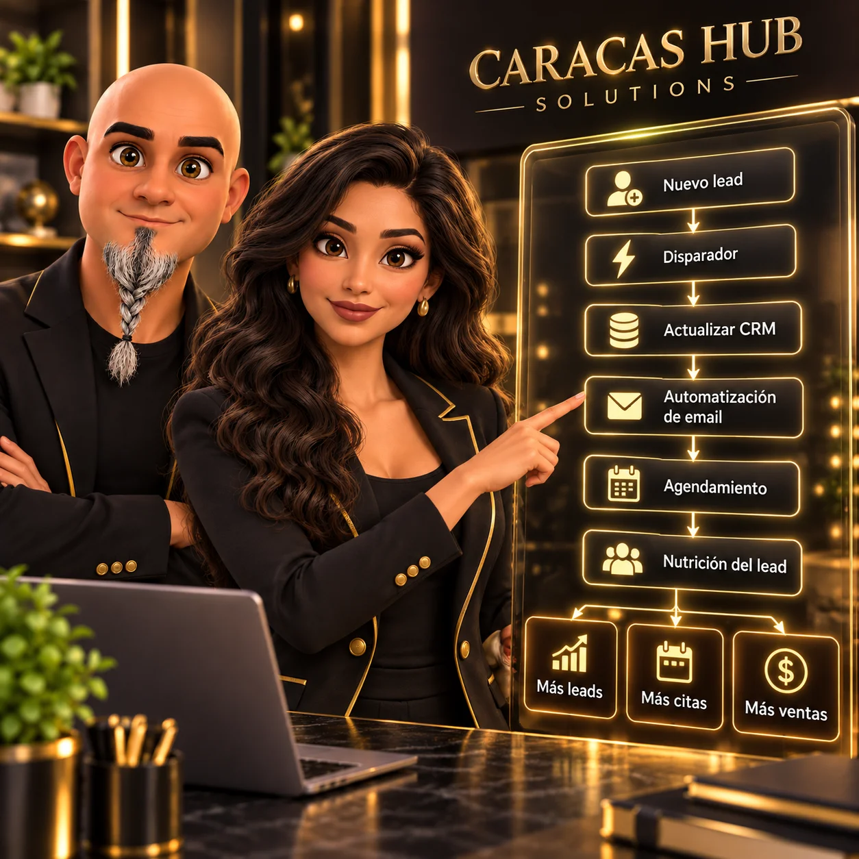 Cara y Hub muestran un flujo de automatización de leads