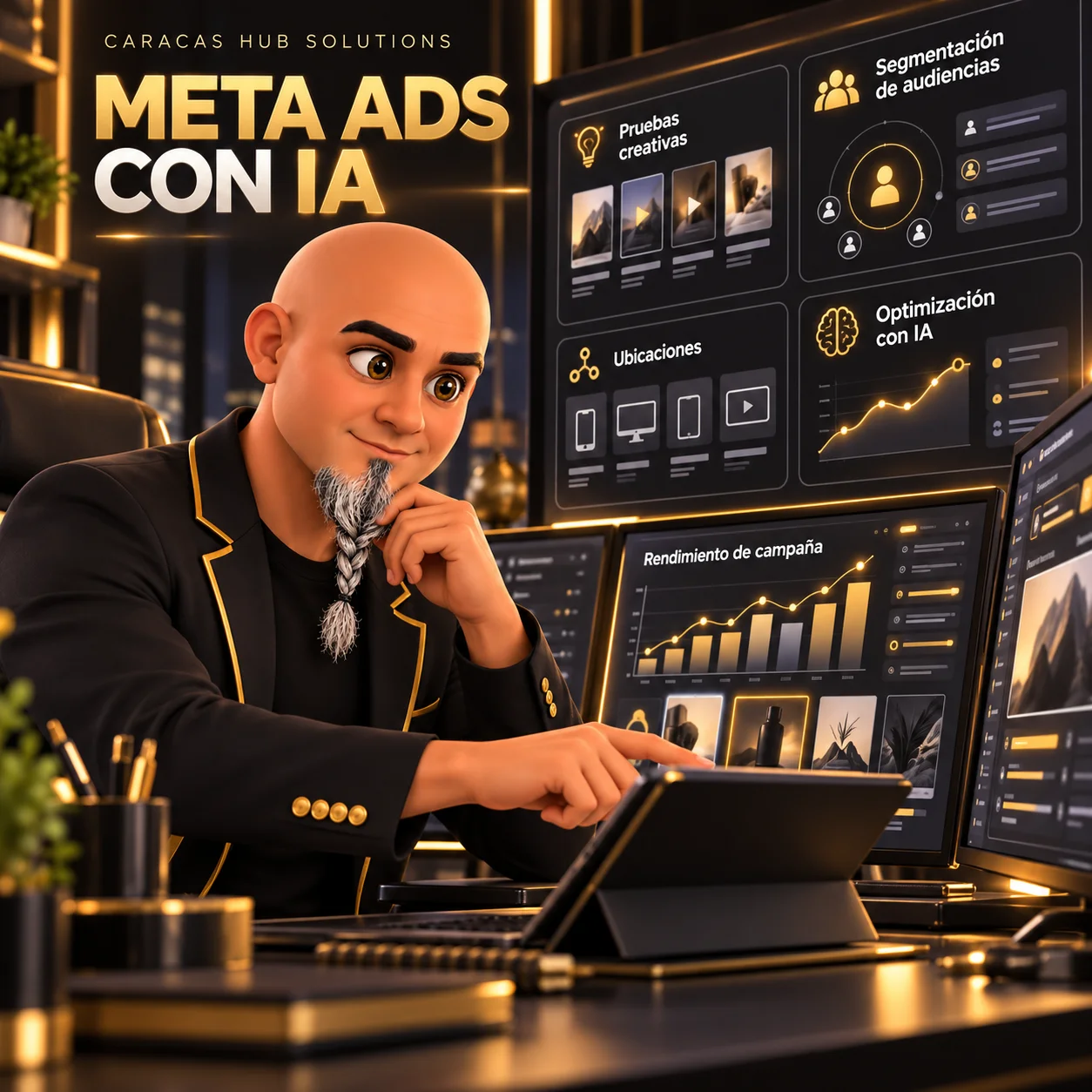 Hub analiza pruebas creativas, audiencias y ubicaciones de una campaña de Meta Ads