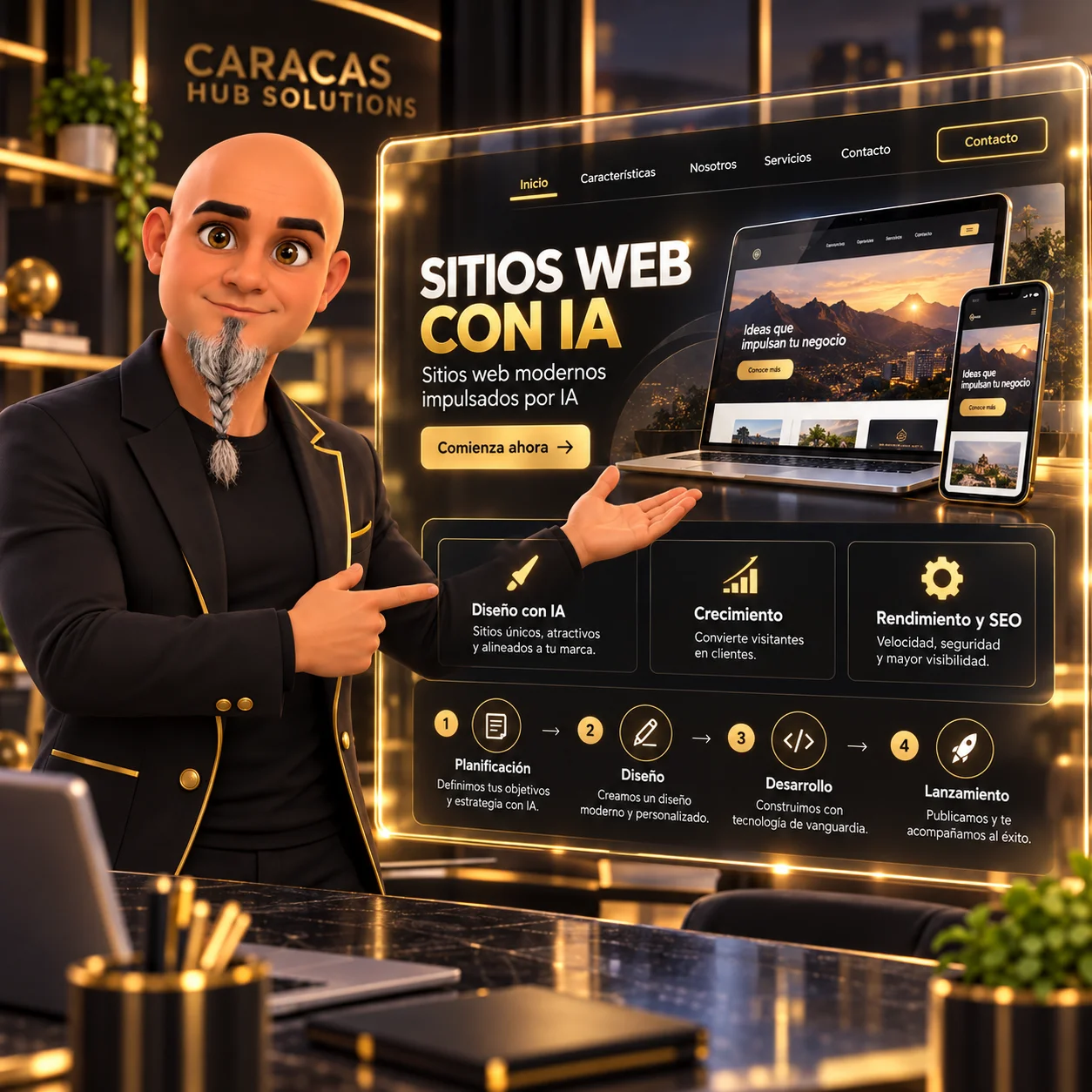 Hub presenta el proceso de creación de un sitio web en computadora y móvil