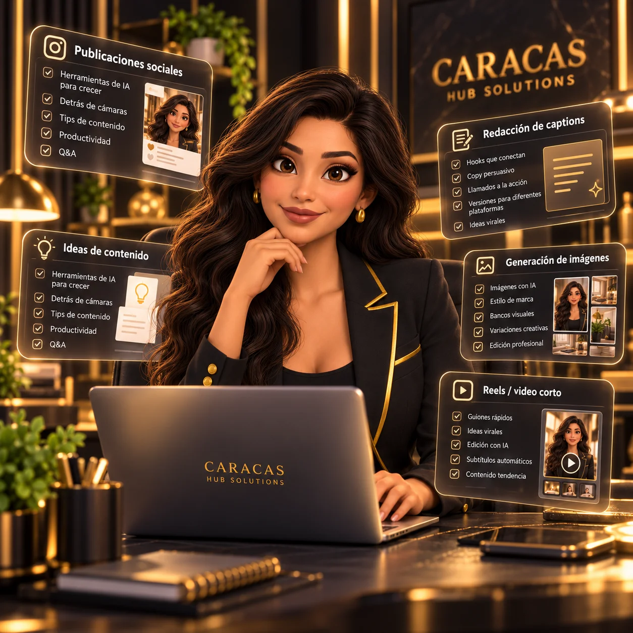 Cara muestra ideas, publicaciones y piezas visuales para crear contenido con IA